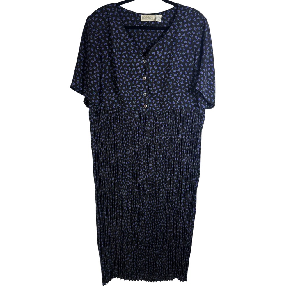 Elisabeth Liz Claiborne Vintage Floral Pleated Maxi Dress Black Purple Sz 16